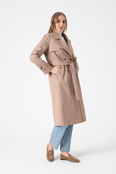 Mia Kara Punto Dikişli Önü Pelerinli Kol Apoletli Sırt Detaylı Su Itici Özellikli Trençkot Taş 4549