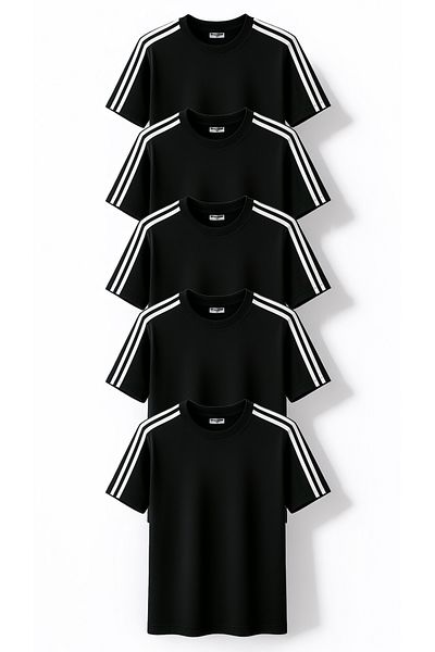 Mythologie 5 τεμάχια Basic Stripe Detailed T-Shirt - Μαύρο Oversize Crew λαιμόκοψη κοντό μανίκι