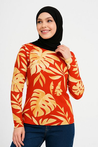 mirach Harmony Pattern Red Corded Texture Extra Stretchy Lycra Body Long Sleeve Crew Neck Cycling