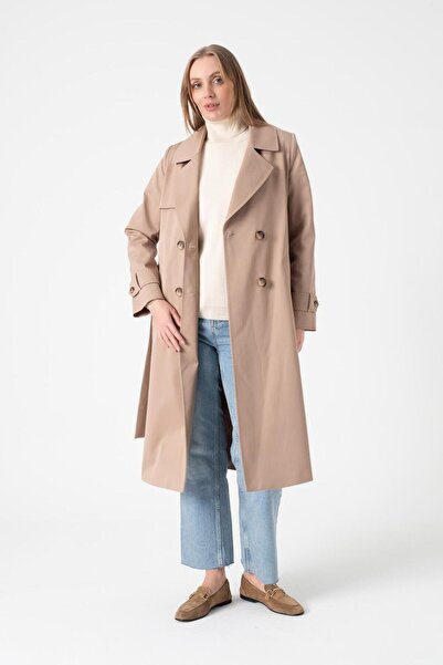 Mia Kara Punto Dikişli Önü Pelerinli Kol Apoletli Sırt Detaylı Su Itici Özellikli Trençkot Taş 4549