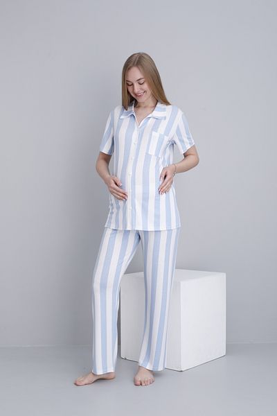 Miss Dünya Lissa Front Buttoned Striped Short Sleeve Adjustable Waist Elastic Maternity and Postpartum Pajama Set