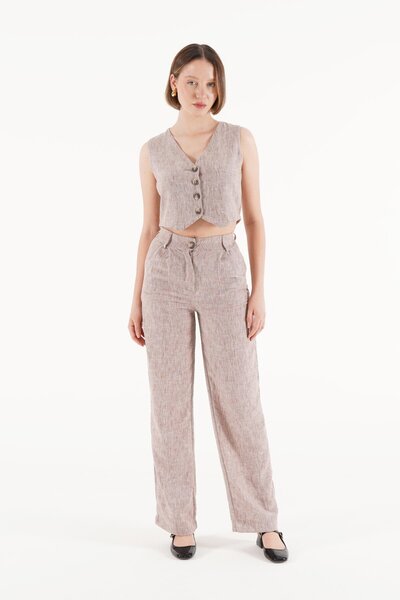 Hipo Trend Linen Vest Pants Brown Double Set