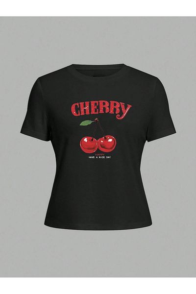 VBSVİBES تي شيرت أسود مطبوع عليه Cherry Happy مجموعة الأم والابنة - تي شيرت كبير الحجم برقبة دائرية
