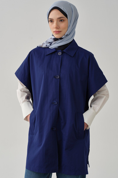 Tuğba Polo Yaka Düğmeli Panço - Lacivert