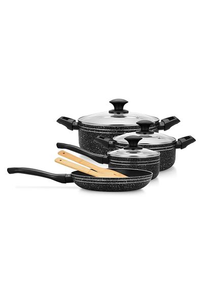 Auroware Non Stick 9 Pcs Cookware Set Black, Pressed Aluminum, Kitchen Induction ready