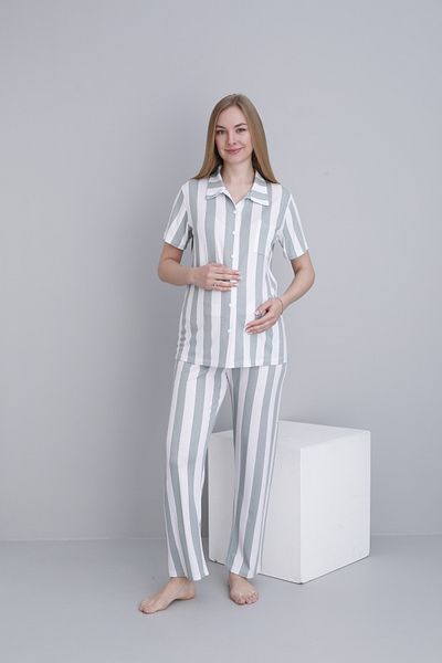 Miss Dünya Lissa Front Buttoned Striped Short Sleeve Adjustable Waist Elastic Maternity and Postpartum Pajama Set