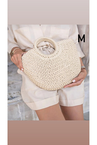 samilon Hasır Dokuma Büzgülü Kapatma Detaylı Astarlı Vintage Orta Boy