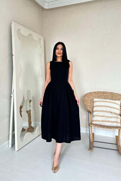 Modayakamoz Siyah Yanları Büzgülü Midi Boy Keten Elbise