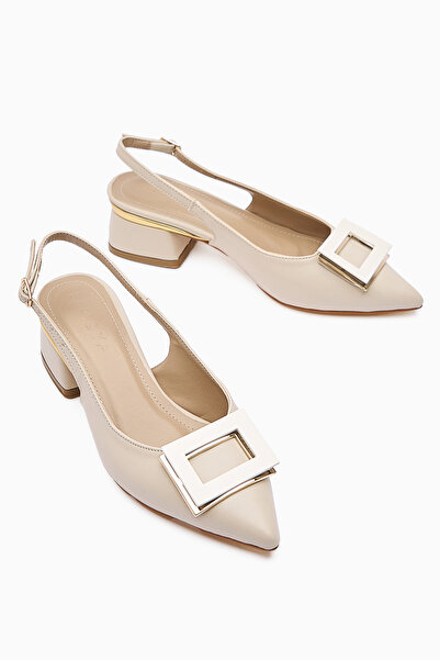 Limoya Tiana Beige Accessory Low Heeled Shoes, Pointed Toe Heeled Ballerinas Open Back