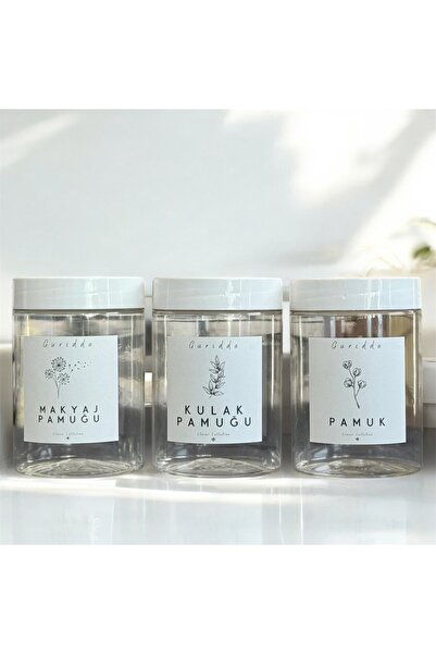 Guridda Home Design 3'lü Kulak Pamuğu ve Pamuk Kutusu 250 Ml Şeffaf Plastik K...