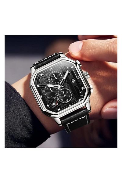 Generic Square Watches For Men Brown Leather Strap Multifunctional Chronograph Fashion Business Dress Analog