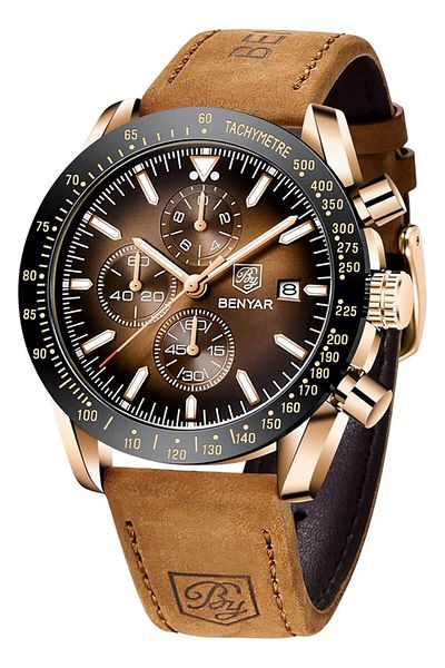 Generic By Benyar Mens Watch Waterproof Chronograph Date Watch For Men Brown Leather Strap Quartz Movement
