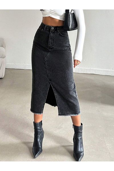 Dema Women's Denim Cotton Slit Long Black Skirt
