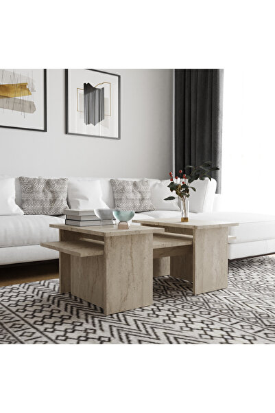 Decomob Olive 3'lü Orta Zigon Sehpa Takımı Traverten Desenli