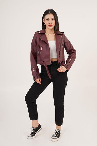 Hipo Trend Burgundy Leather Jacket with Belt and Zipper Detail