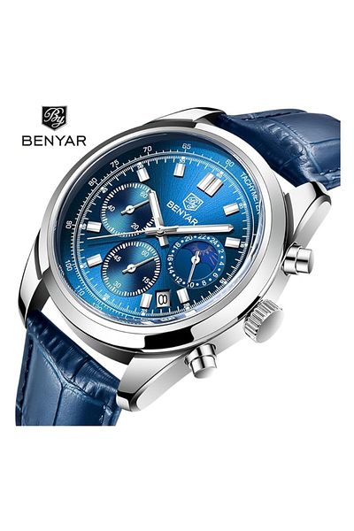 Generic By Benyar Mens Watches Multifunction Chronograph Date Quartz Watch For Men Stainless Steel Analog