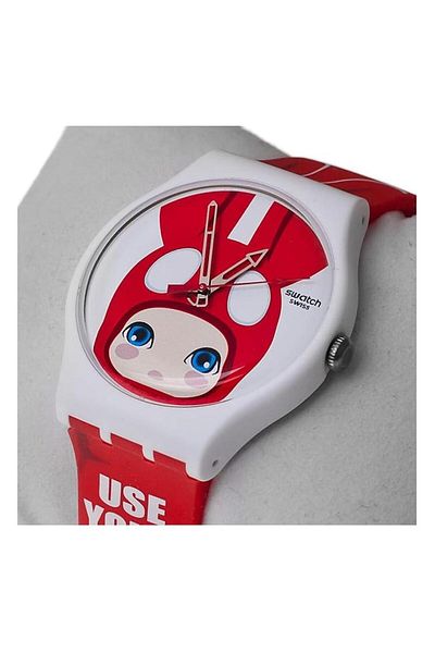 Generic Swatch Use Your Ears Red Graphic Dial Plastic Silicone Quartz Mens Watch Suoz114