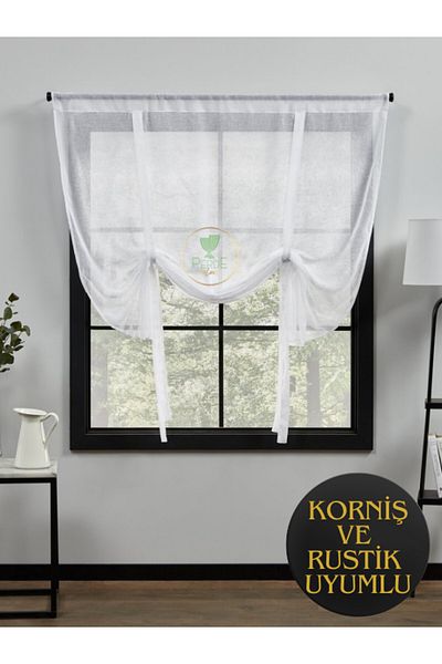 Perdeplus Vine Detailed Curtain Retro Linen Look Tulle Curtain