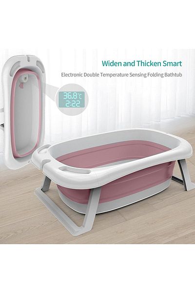 Yelajoy Baby Bathtub,Intelligent Temperature,with Bath Cushion,Portable Folding,for Newborn,Pink