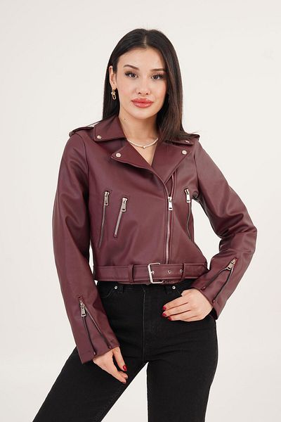 Hipo Trend Burgundy Leather Jacket with Belt and Zipper Detail