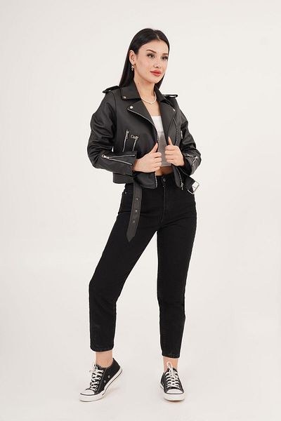 Hipo Trend Black Leather Jacket with Belt and Zipper Detail