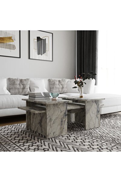 Decomob Olive 3'lü Orta Zigon Sehpa Takımı Frezya (Mermer) Desenli