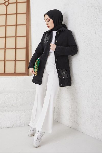 giyze Πέτρινο κεντημένο Hijab τζιν μπουφάν μαύρο 7703