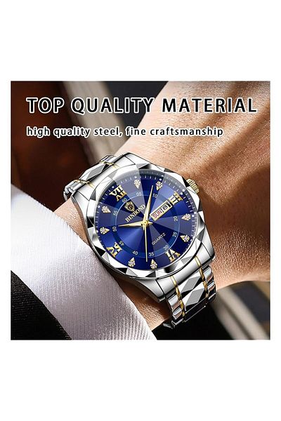 Generic Men Business Watch 30M Waterproof Luminous Quartz Blue Dial Two Tone Steel Band Day Date Display