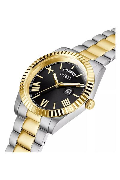 Generic Guess Men 42Mm Watch Two Tone Strap Black Dial Silver Case