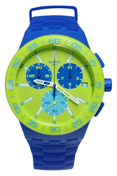 Generic Swatch Susn404 Blue Rug Lime Green Analog Chrono Date Silicone Unisex Watch New