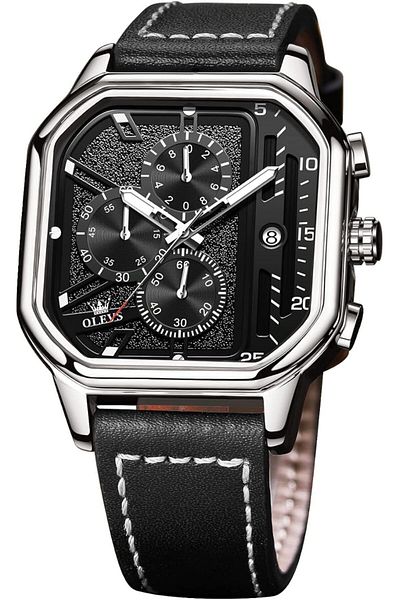 Generic Square Watches For Men Brown Leather Strap Multifunctional Chronograph Fashion Business Dress Analog