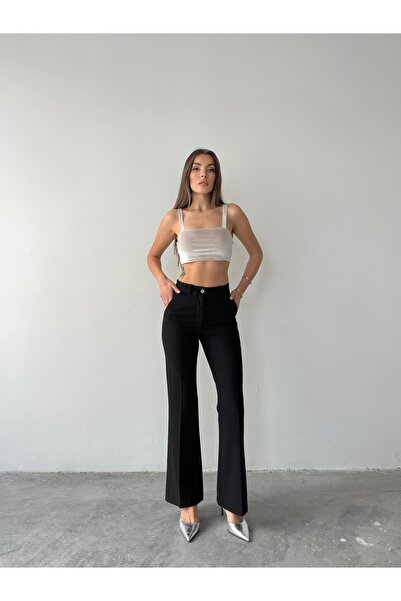 Somut istanbul Pantaloni de damă Palazzo negri cu talie înaltă, cu cusături ș...