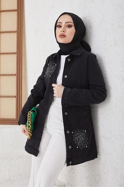 giyze Πέτρινο κεντημένο Hijab τζιν μπουφάν μαύρο 7703