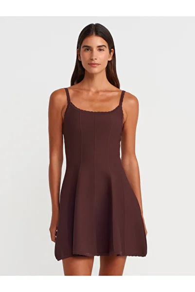 Dilvin 90248 Flounced Functional Strap Zippered Knitwear Dress-Brown