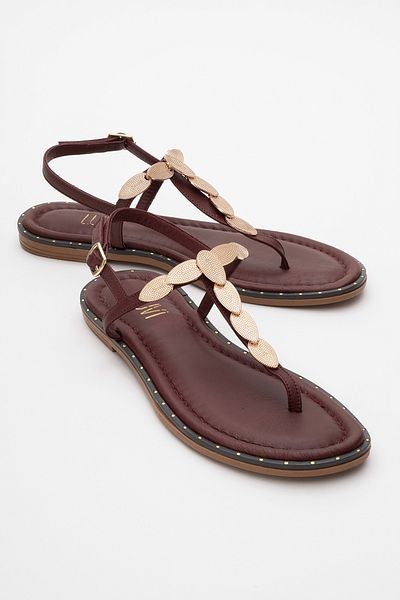 LuviShoes Γυναικεία σανδάλια MAREA Βουργουνδίας Γνήσιο Δερμάτινο Σαγιονάρες Χρυσή Πόρπη