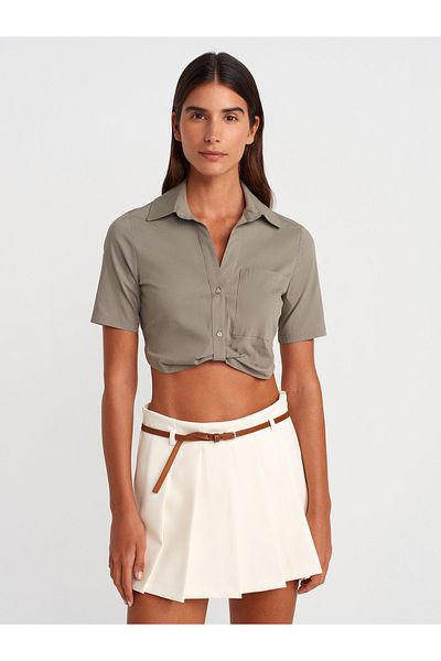 Dilvin 50503 Pocket Detailed Crop Shirt-Çağla