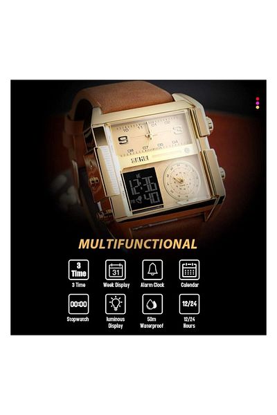 Generic Men Unique Analog Watch With Dual Dial Cool Design Leather Band Dual Time Watches Analog Quartz