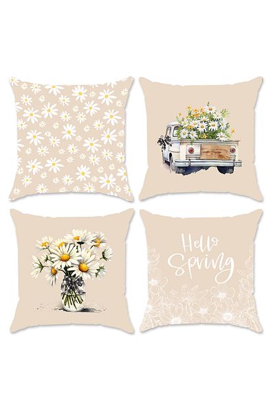 Evmila Set de 4 huse de pernă din catifea cu tematică de primăvară, 43x43 cm, imprimare pe două fețe
