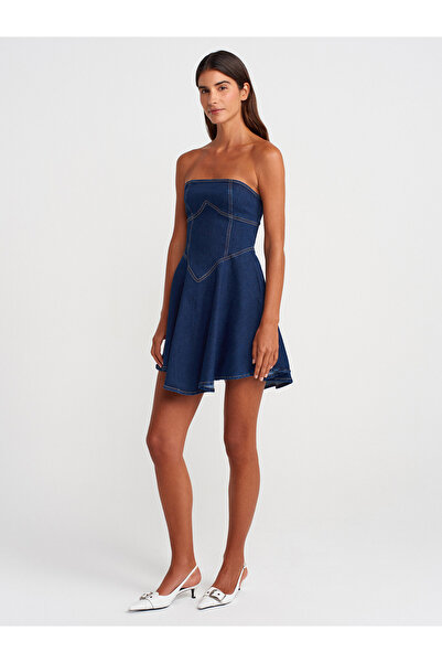 Dilvin 90552 Στράπλες Τζιν Φόρεμα Καμπάνα-Μπλε Navy