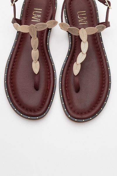 LuviShoes Γυναικεία σανδάλια MAREA Βουργουνδίας Γνήσιο Δερμάτινο Σαγιονάρες Χρυσή Πόρπη