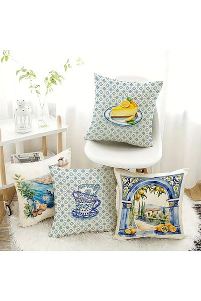 Evmila Set de 4 huse de pernă din catifea cu tematică de primăvară, 43x43 cm, imprimare pe două fețe