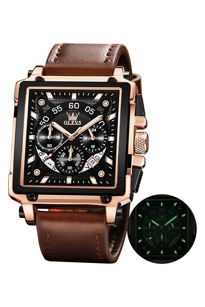 Generic Olevs Watches For Men Quartz Chronograph Leather Fashion Dress Watch Date Waterproof Luminous Casual