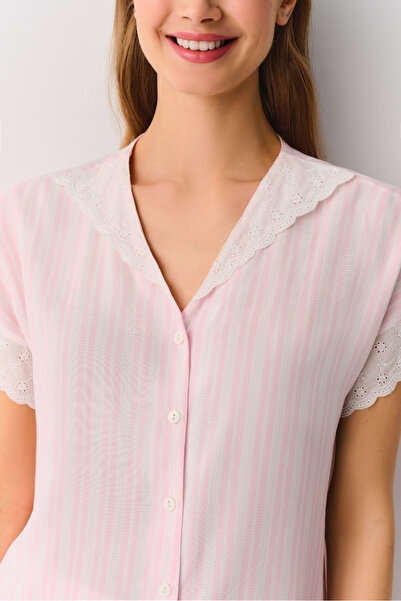 SUWEN Pink Line Gömlek Yaka Pijama Takımı