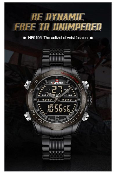 Generic Naviforce Full Black Analog Digital Stainless Steel Strap Wrist Watch For Men Nf9195