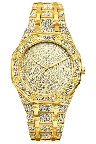 erorex Crystal Watch For Men Gold Tone Alloy Quartz Watch Stylish Rhinestone Business Casual Dress
