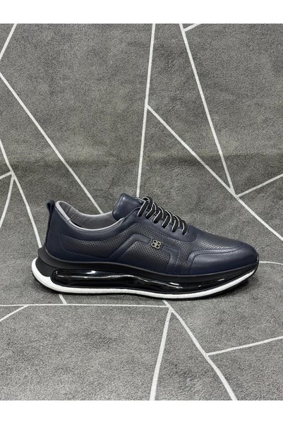 NYZ Navy Blue Genuine Leather Lace-Up Casual Sneakers