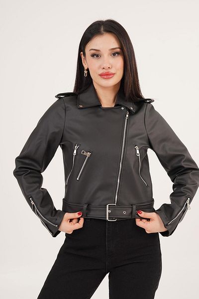 Hipo Trend Black Leather Jacket with Belt and Zipper Detail