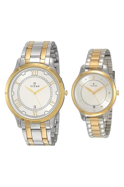Generic Titan Bandhan Silver White Dial Stainless Steel Pair Watches Silver Bracelet