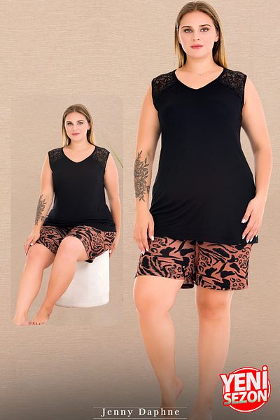 Jenny Daphne Lady Plus Size Print Shorts V-Neck Zero Sleeve Shorts Pajama Suit 10441