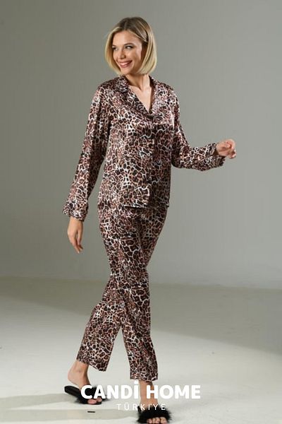 HOBİ CONDİ Deluxe Design Model Special Series Soft Texture Feature Leopard Pattern Satin Nightgown Set